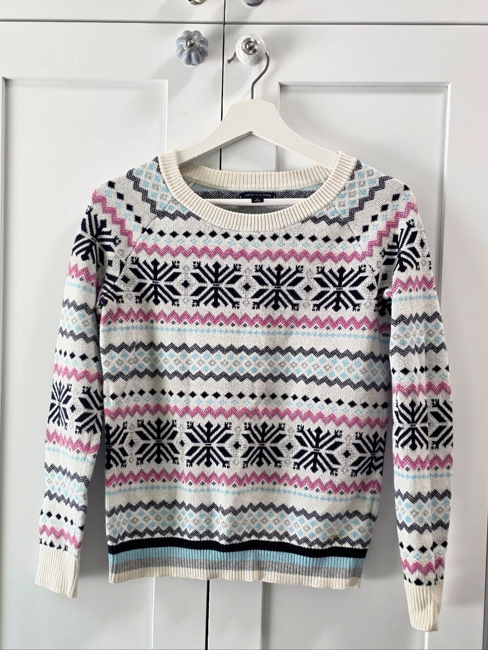 Tommy Hilfiger Cream Nordic Fair Isle Snowflake Sweater Knit Size S Mint